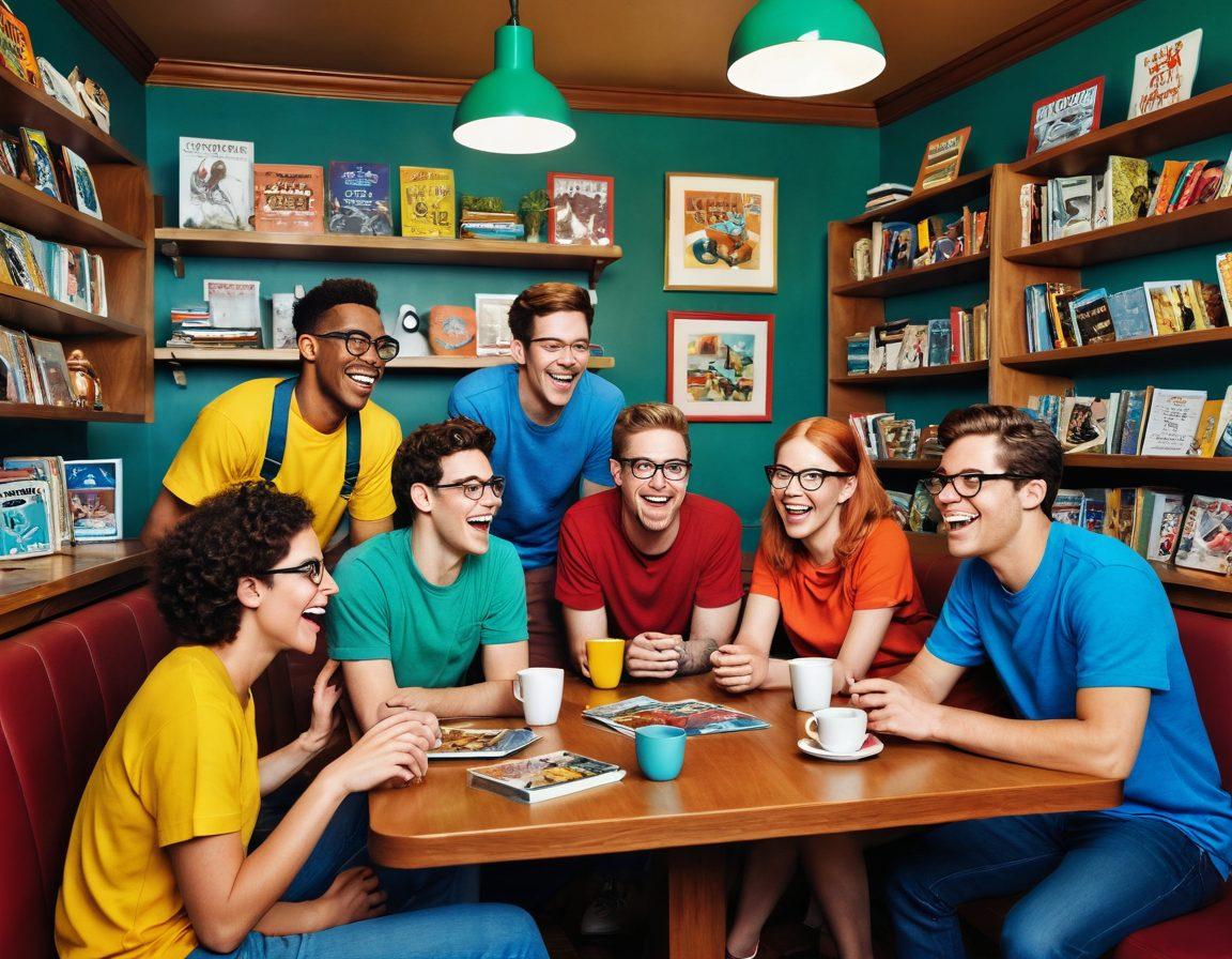 A whimsical, cartoon-style scene featuring a diverse group of nerds laughing together in a cozy coffee shop, surrounded by books, video game consoles, and board games. Colorful speech bubbles filled with funny jokes and puns float around them, enhancing the joyful atmosphere. Include playful elements like comic book characters peeking from shelves and quirky gadgets on the tables. Capture the joy of friendship and humor in a vibrant, light-hearted setting. cartoon style. vibrant colors. playful atmosphere.