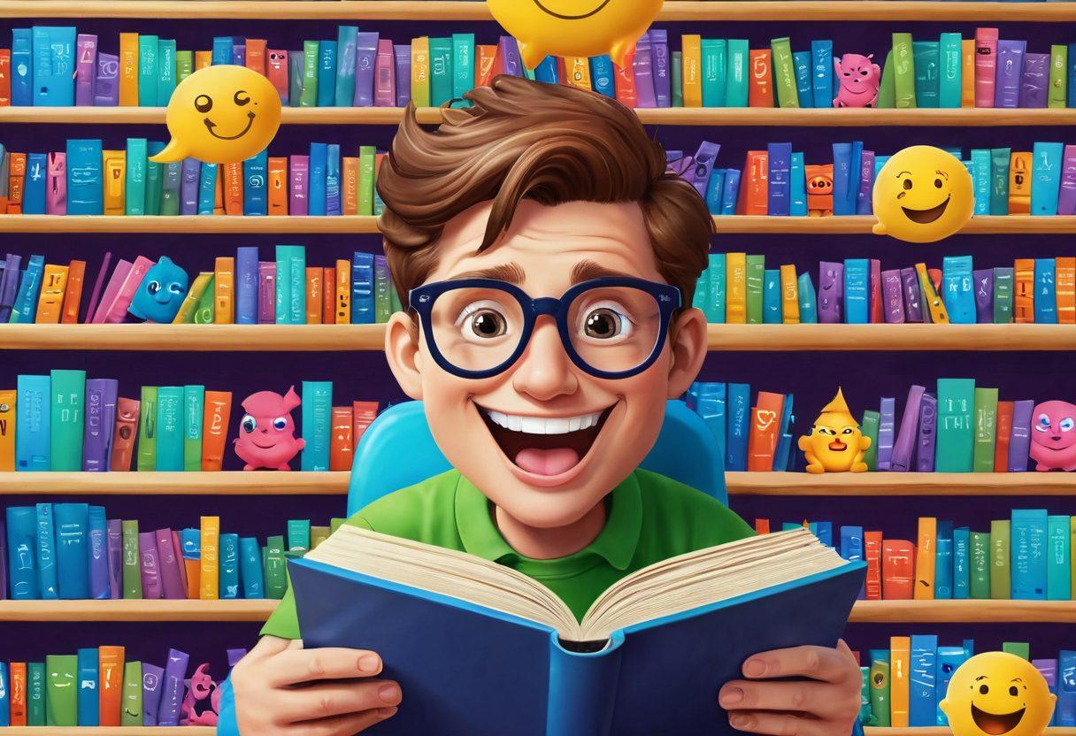 A whimsical illustration featuring a vibrant, cartoonish library filled with quirky books, each titled with playful puns and satire. In the foreground, a cheerful geek character, wearing oversized glasses, joyfully reads a levitating book surrounded by animated emojis and colorful thought bubbles filled with jokes. The background should have bookshelves in wild, eccentric shapes. super-realistic. vibrant colors. cartoon style.