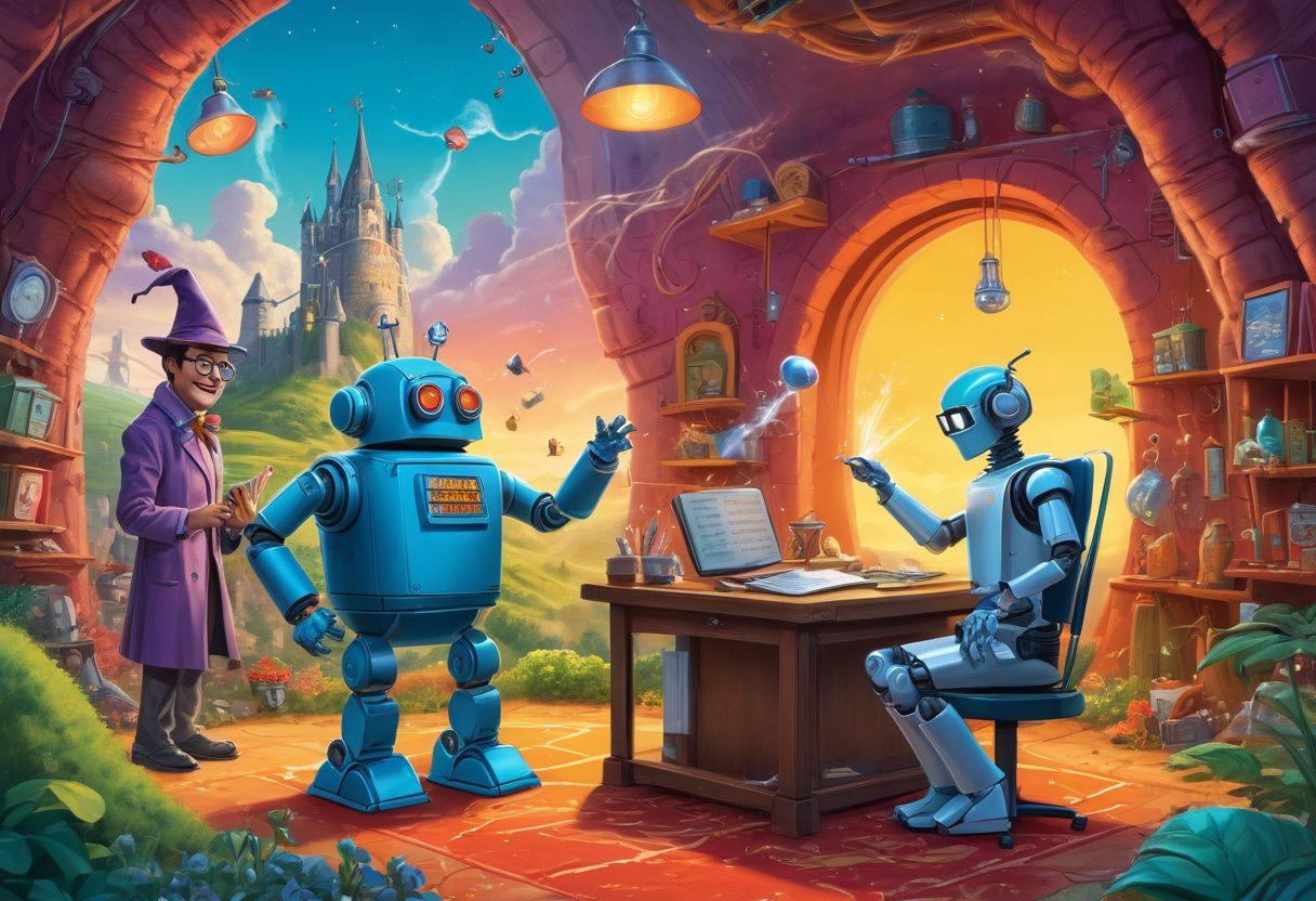 A whimsical illustration of various nerdy characters engaging in comical activities, such as a robot telling jokes, a wizard casting spells with silly outcomes, and a scientist mixed up in a humorous experiment. The setting is a vibrant comic book-style landscape with exaggerated expressions and colorful props, conveying a playful atmosphere. super-realistic. vibrant colors. cartoon style.